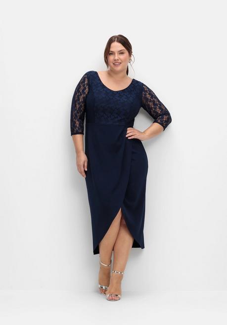 Sheego Abendkleid In Wickeloptik, Mit Spitze Und 3/4 Arm - Marine Sheego