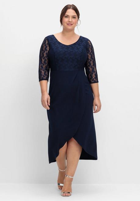 sheego Abendkleid in Wickeloptik, mit Spitze und 3/4 Arm - marine sheego