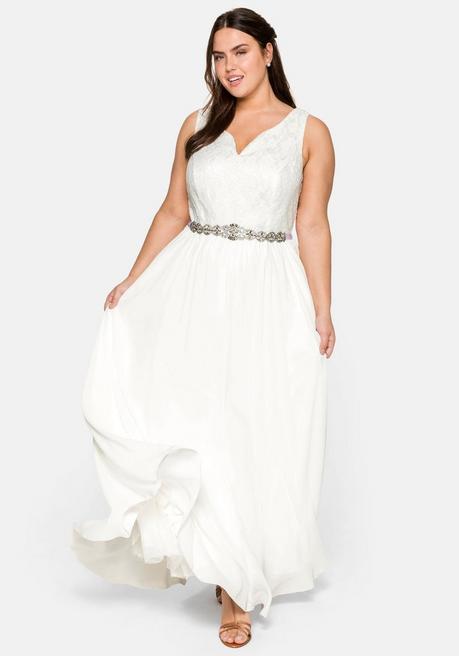 Sheego Abendkleid Mit Spitzenoberteil Und Chiffonrock - Offwhite Sheego