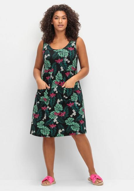 Sheego Ärmelloses Jerseykleid Mit Fronttaschen - Schwarz Gemustert Sheego