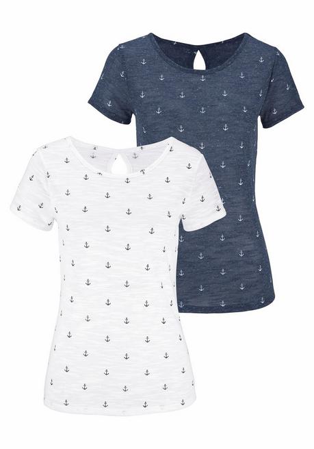 BEACH TIME Doppelpack T-Shirts - Creme+marine Sheego