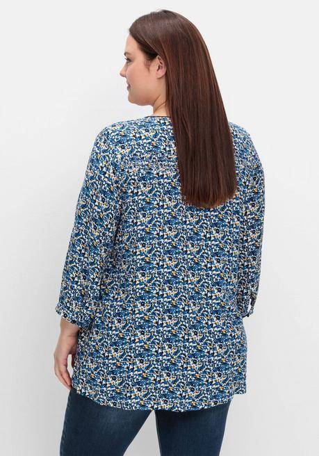 Sheego Bedruckte Bluse Mit Smok- Und Kontrastdetails - Tiefblau Gemustert Sheego