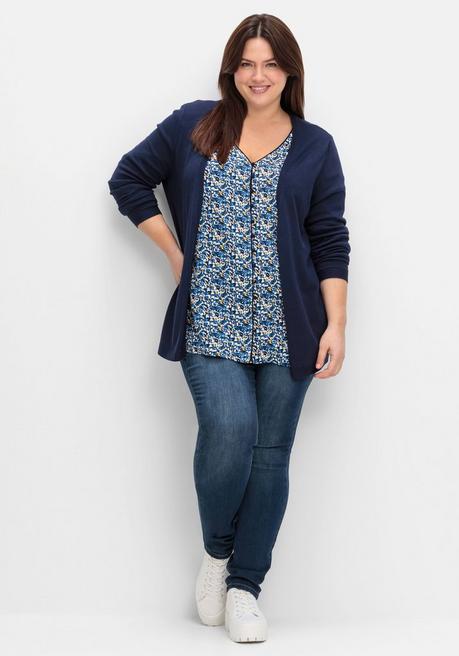 Sheego Bedruckte Bluse Mit Smok- Und Kontrastdetails - Tiefblau Gemustert Sheego