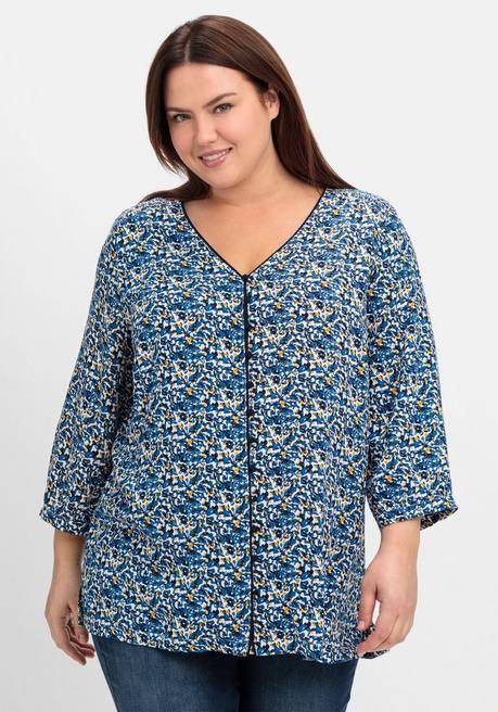sheego Bedruckte Bluse mit Smok- und Kontrastdetails - tiefblau gemustert sheego