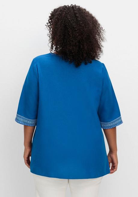 Sheego Bestickte Tunika In A-Linie, Mit Leinenanteil - Kobalt Sheego