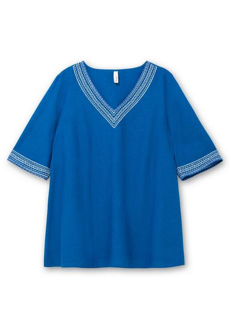 Sheego Bestickte Tunika In A-Linie, Mit Leinenanteil - Kobalt Sheego