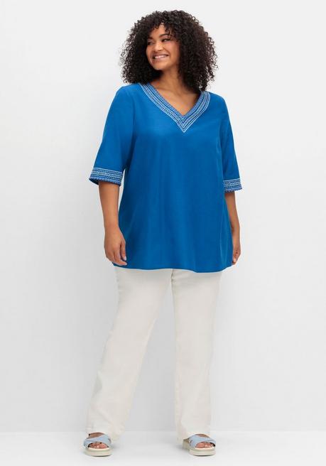 Sheego Bestickte Tunika In A-Linie, Mit Leinenanteil - Kobalt Sheego