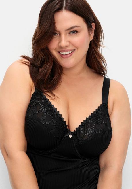 Sheego BH-Hemd Mit Spitzen-Cups Und Tonigen Streifen - Schwarz Sheego