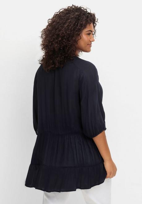 Sheego Bluse Aus Crêpe, Mit Volants Am Saum - Tiefblau Sheego