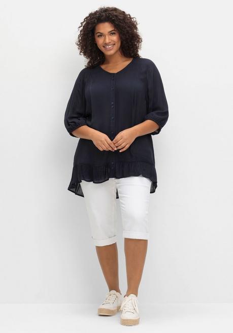 Sheego Bluse Aus Crêpe, Mit Volants Am Saum - Tiefblau Sheego