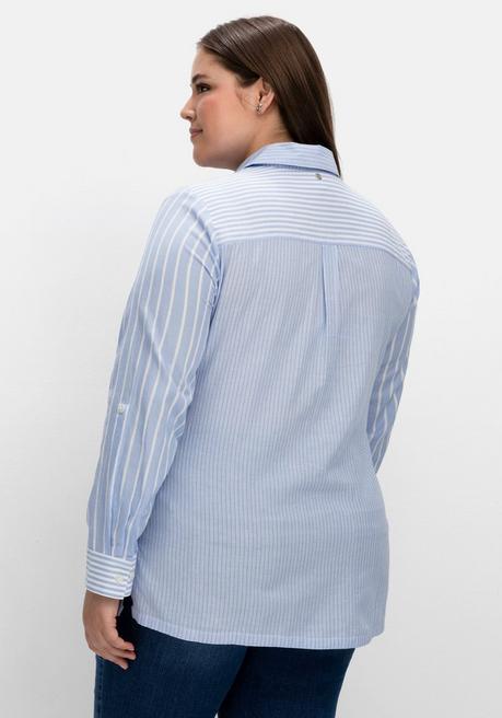 Sheego Bluse Im Streifen-Mix, Mit Brusttasche - Mittelblau Gestreift Sheego