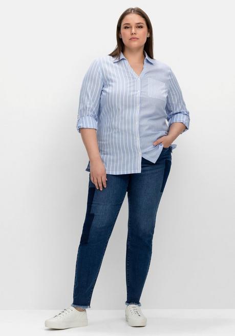 Sheego Bluse Im Streifen-Mix, Mit Brusttasche - Mittelblau Gestreift Sheego
