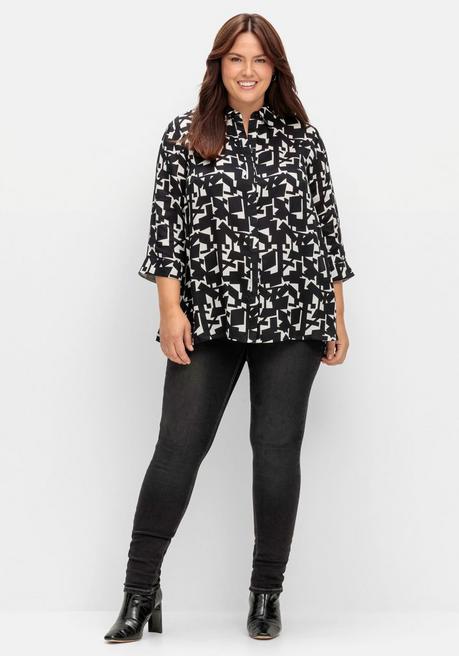 Sheego Bluse In A-Linie, Mit Grafischem Print Und 3/4-Arm - Schwarz-weiß Gemustert Sheego