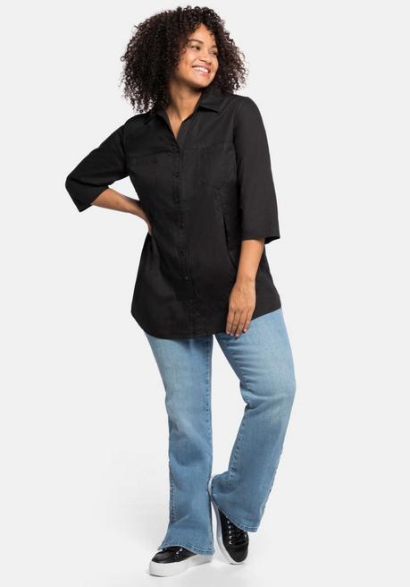 Sheego Bluse Mit 3/4-Arm Und Dekorativen Falten - Schwarz Sheego