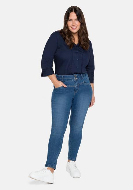 Sheego Bluse Mit 3/4-Arm, V-Ausschnitt Und Spitze - Marine Sheego