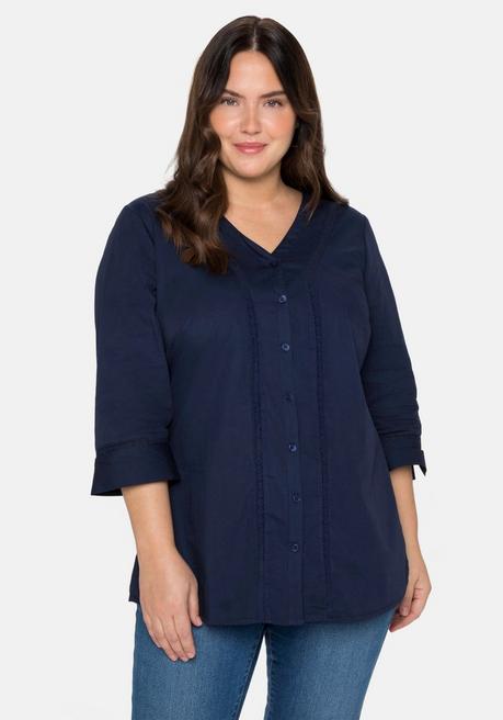 sheego Bluse mit 3/4-Arm, V-Ausschnitt und Spitze - marine sheego