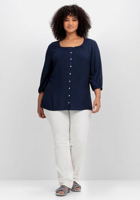 Sheego Bluse Mit Angekräuseltem Rundhalsausschnitt - Nachtblau Sheego