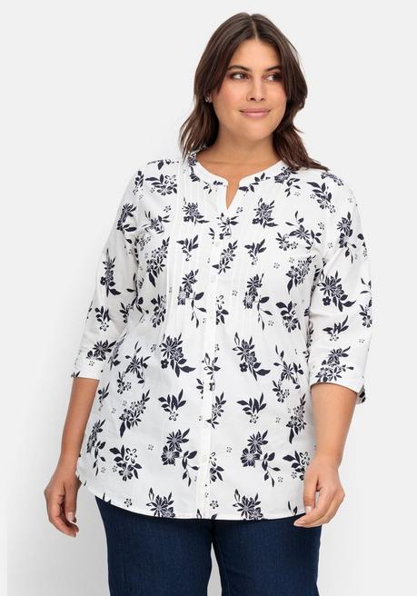 sheego Bluse mit Biesen und Blumenprint - weiß-nachtblau sheego