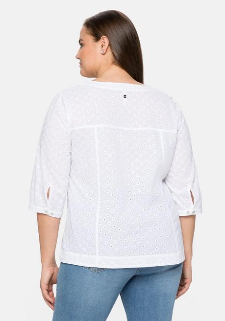 Sheego Bluse Mit Karree-Ausschnitt Und Blumenstickereien - Weiß Sheego