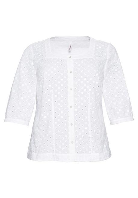 Sheego Bluse Mit Karree-Ausschnitt Und Blumenstickereien - Weiß Sheego