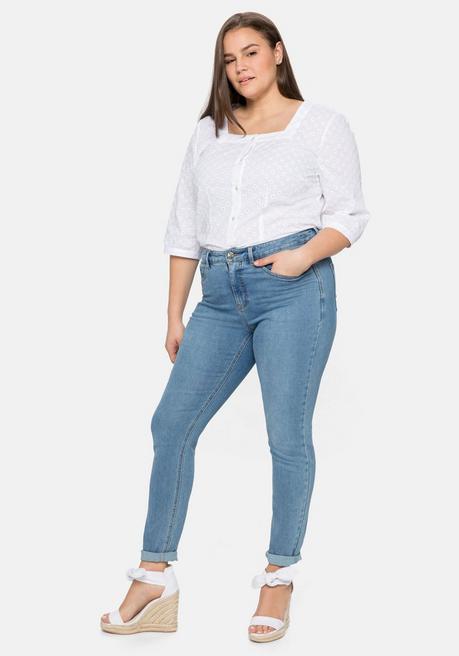 Sheego Bluse Mit Karree-Ausschnitt Und Blumenstickereien - Weiß Sheego