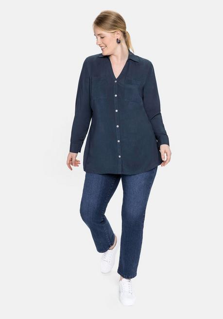 Sheego Bluse Mit V-Ausschnitt Und Brusttaschen - Nachtblau Sheego