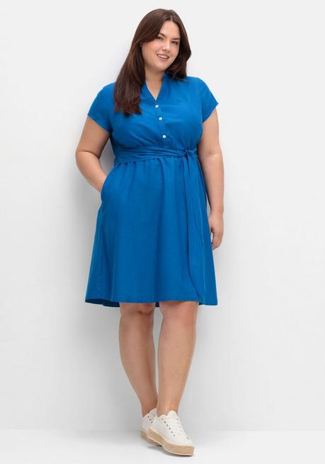 Sheego Blusenkleid Mit Gürtel, Mit Leinenanteil - Kobalt Sheego
