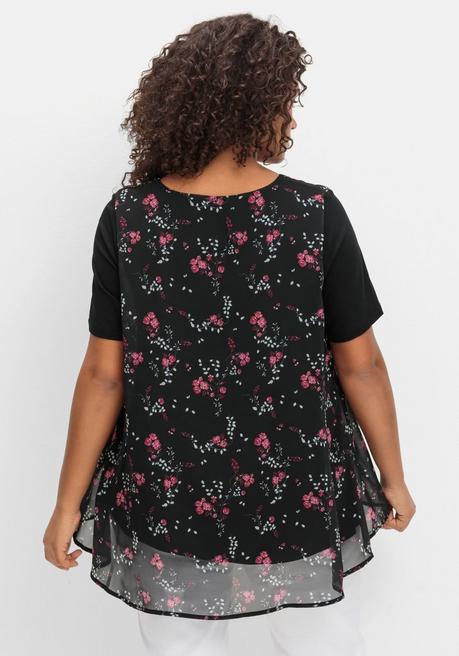 Sheego Blusenshirt Aus Jersey Und Chiffon, In Lagenoptik - Schwarz Gemustert Sheego