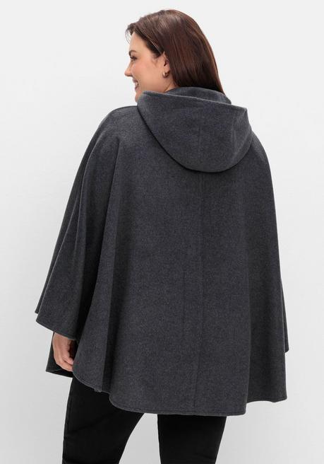 Sheego Cape Mit Kapuze Und 1-Knopf-Verschluss - Anthrazit Meliert Sheego