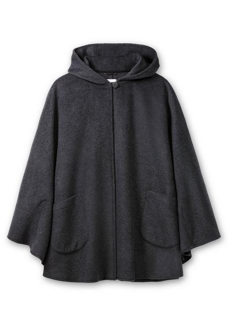 Sheego Cape Mit Kapuze Und 1-Knopf-Verschluss - Anthrazit Meliert Sheego