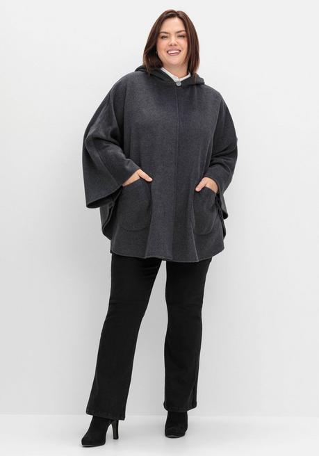 Sheego Cape Mit Kapuze Und 1-Knopf-Verschluss - Anthrazit Meliert Sheego