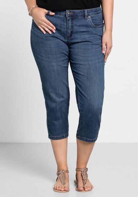 sheego Caprijeans mit Used-Effekten - blue Denim sheego