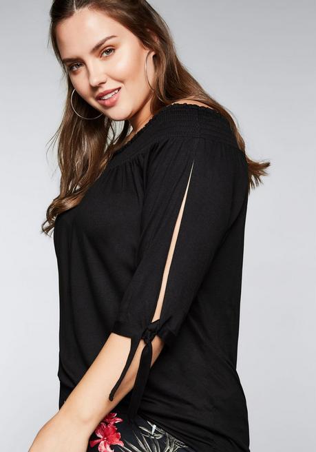 Sheego Carmenshirt Mit Smokeinsatz Und Längerem Halbarm - Schwarz Sheego