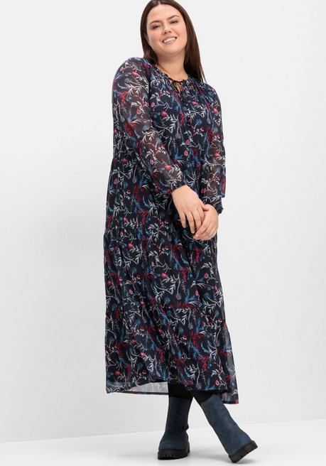 Sheego Chiffonkleid In Maxilänge, Mit Alloverprint - Tiefblau Gemustert Sheego