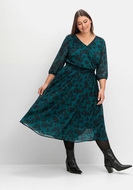 Sheego Chiffonkleid In Wickeloptik, Mit Alloverprint - Tiefgrün Gemustert Sheego