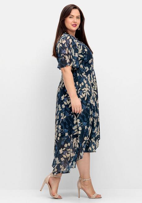 Sheego Chiffonkleid In Wickeloptik, Mit Blätterprint - Nachtblau Gemustert Sheego