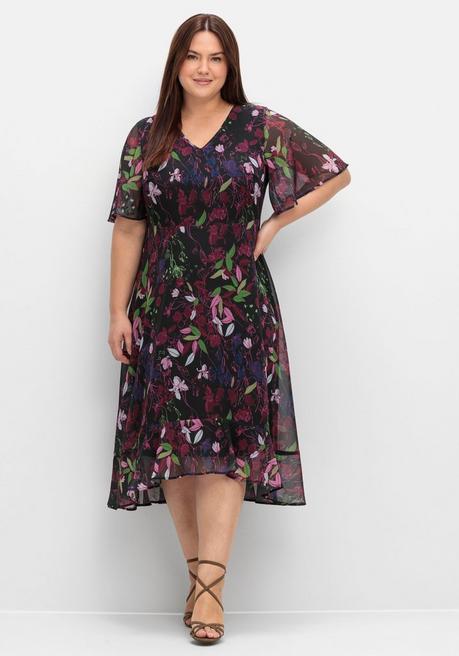 Sheego Chiffonkleid Mit Blumendruck Und Volant Am Saum - Tiefblau Gemustert Sheego