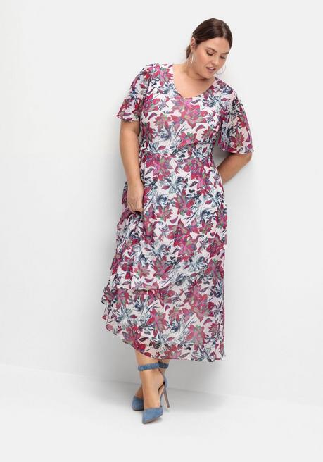 Sheego Chiffonkleid Mit Blumenprint Und Unterkleid - Beere Gemustert Sheego