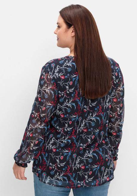 Sheego Chiffontunika Mit Blumendruck Und Bindeband - Tiefblau Gemustert Sheego