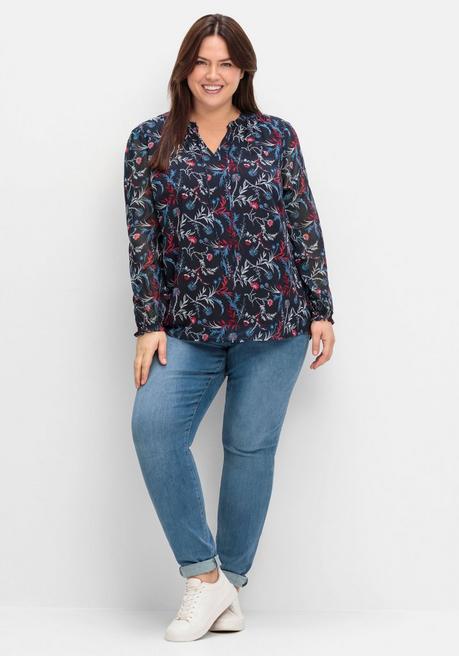 Sheego Chiffontunika Mit Blumendruck Und Bindeband - Tiefblau Gemustert Sheego