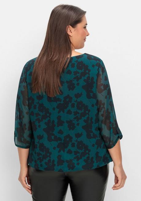 Sheego Chiffontunika Mit Gelegten Falten Am Ausschnitt - Tiefgrün Gemustert Sheego