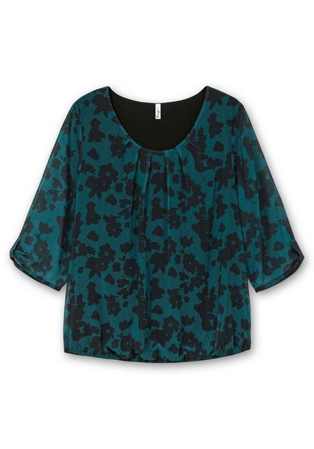Sheego Chiffontunika Mit Gelegten Falten Am Ausschnitt - Tiefgrün Gemustert Sheego