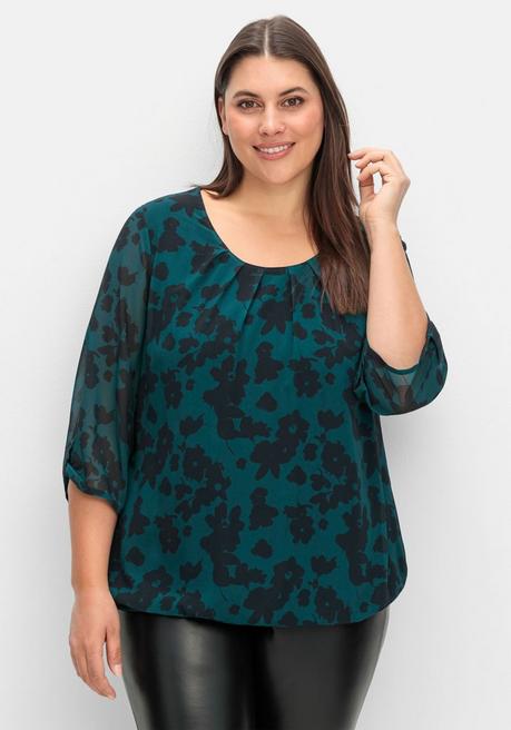 sheego Chiffontunika mit gelegten Falten am Ausschnitt - tiefgrün gemustert sheego