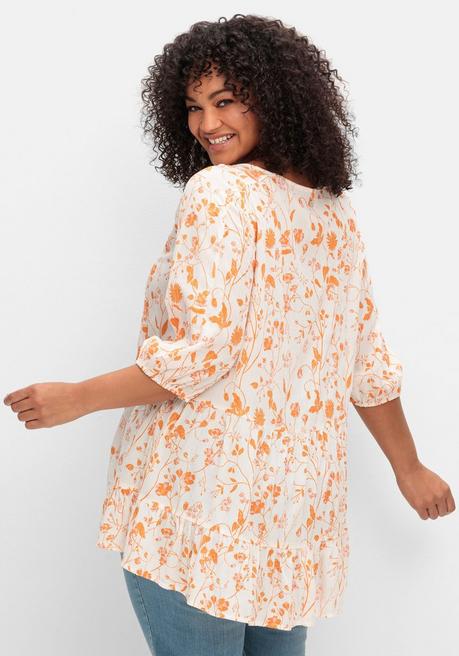 Sheego Crêpe-Bluse Mit Blumendruck Und Volant Am Saum - Weiß Gemustert Sheego