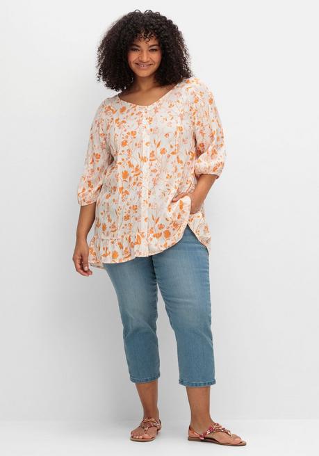 Sheego Crêpe-Bluse Mit Blumendruck Und Volant Am Saum - Weiß Gemustert Sheego