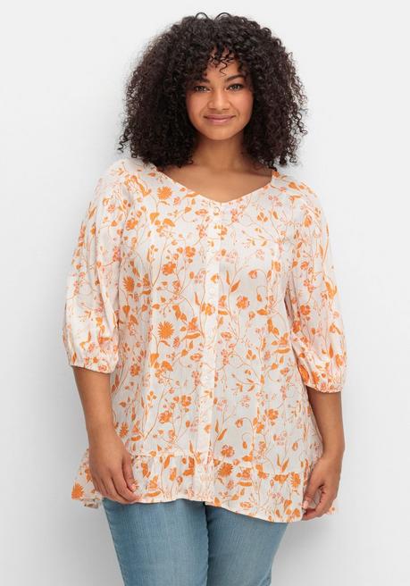sheego Crêpe-Bluse mit Blumendruck und Volant am Saum - weiß gemustert sheego