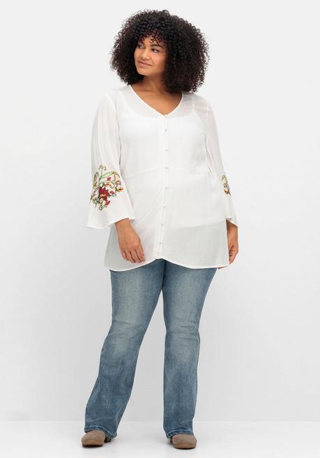 Sheego By Joe Browns Crêpe-Longbluse Mit Bestickten Trompetenärmeln - Offwhite Sheego