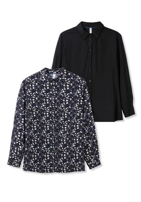 Sheego Doppelpack Blusen, Uni Und Gemustert, Aus Viskose - Schwarz+schwarz Bedruckt Sheego