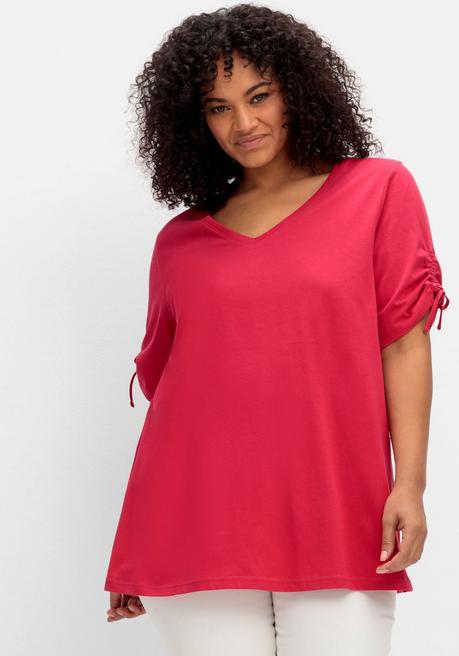 sheego Doppelpack Shirts mit Tunnelzug am Ärmel - magenta+tiefblau gemustert sheego