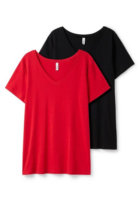 Sheego Doppelpack Shirts Mit V-Ausschnitt - Schwarz+mohnrot Sheego